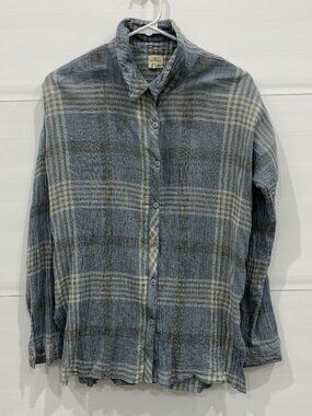 O'Neill Women's Blue Gray 100% Cotton Plaid Long Sleeve Button Up